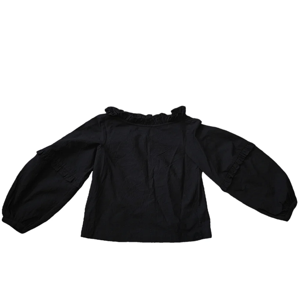 Handmade 1980s Black Ruffle Blouse – 100% Cotton (XS)